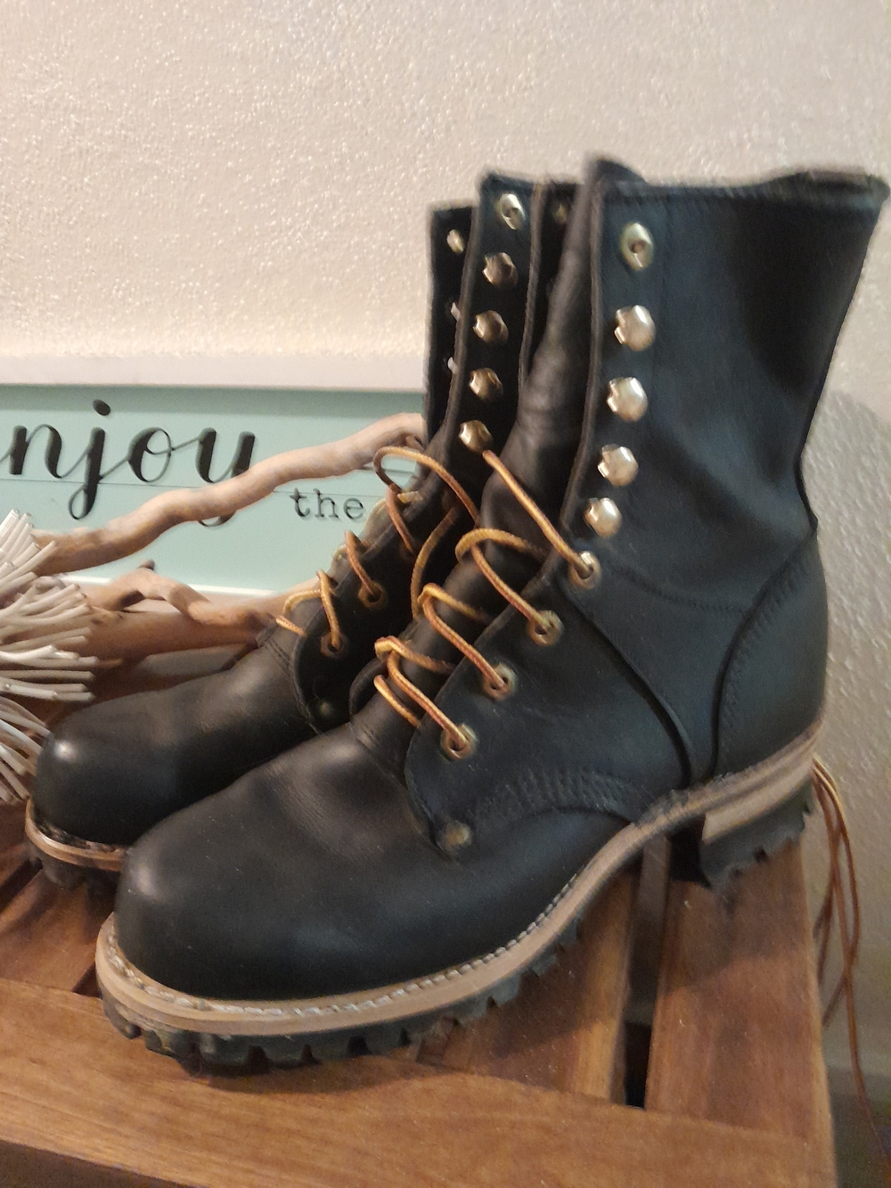 Vibram Black Lace-Up Lug Sole Ankle Boots with Tan Laces